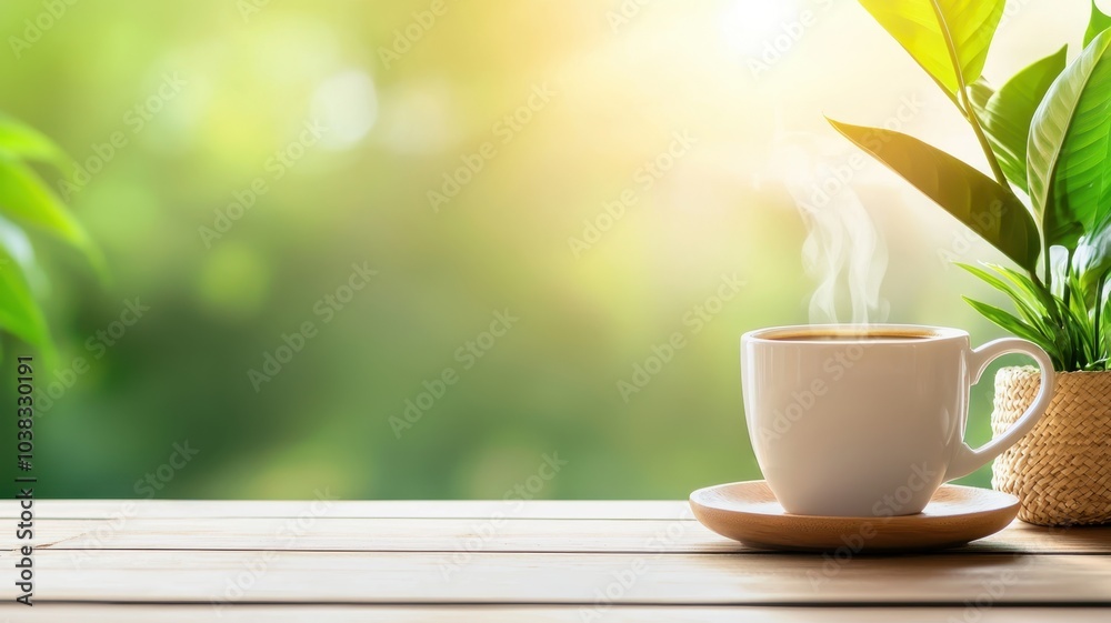 Sustainable Living: Serene Coffee Break with Steaming Cup on Wooden Table Against Lush Greenery - Eco-Friendly Lifestyle Concept with Copy Space for Text Sustainable Living: Serene Coffee Break with Steaming Cup on Wooden Table Against Lush Greenery - Eco-Friendly Lifestyle Concept with Copy Space for Text