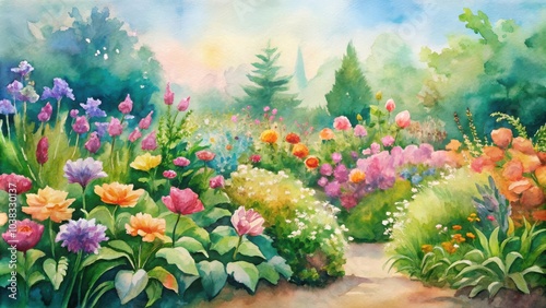 Beautiful flower garden with a variety of blooms, nature, colorful watercolor illustration