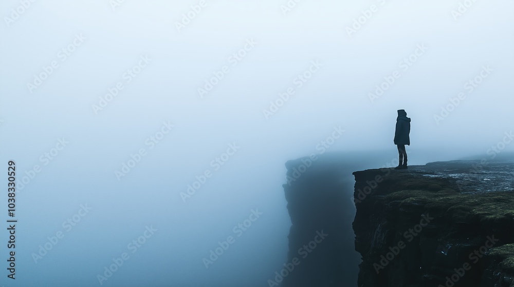 Obraz premium A person stands alone on a rocky cliff edge, enveloped in fog. The atmosphere is heavy with a sense of isolation and introspection during this gloomy moment