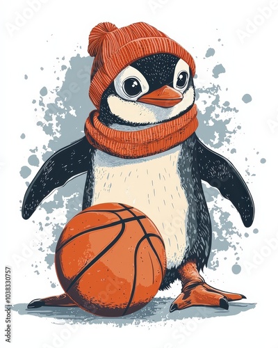 Playful Penguin Ready for Basketball: A Cute Sports-Themed Illustration Artwork photo