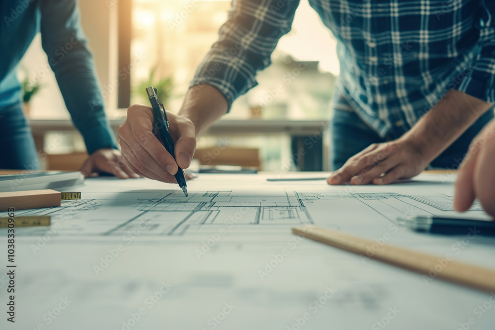 Male architect working with a blueprints in modern office Male architect working with a blueprints in modern office