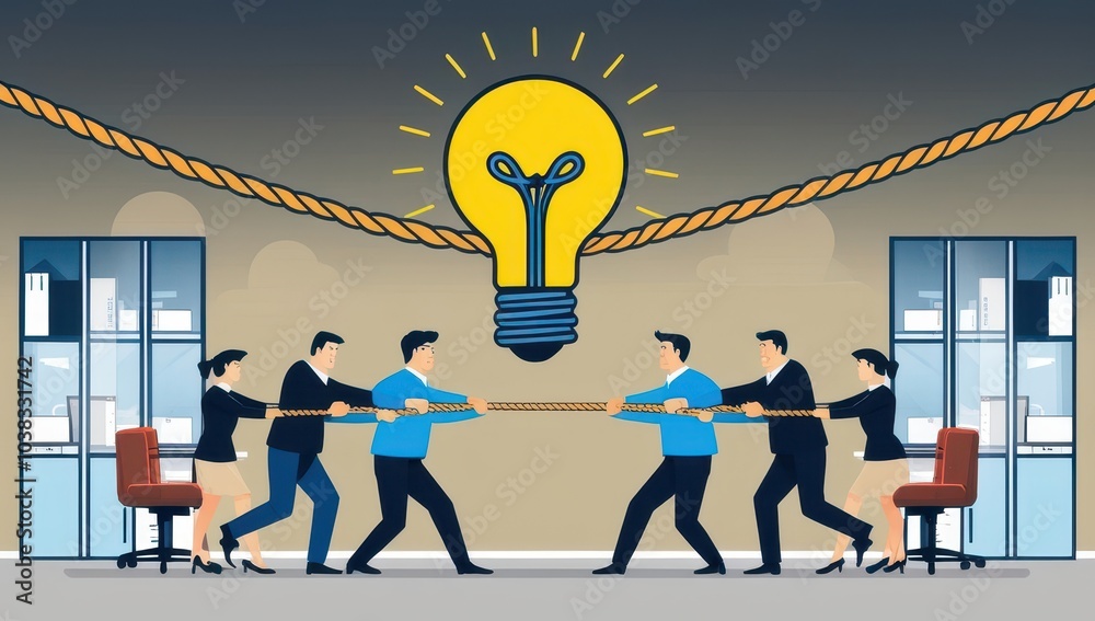 A humorous illustration showing two teams pulling on a rope, with a lightbulb hanging above them symbolizing the struggle for new ideas and innovation in a workplace setting A humorous illustration showing two teams pulling on a rope, with a lightbulb hanging above them symbolizing the struggle for new ideas and innovation in a workplace setting