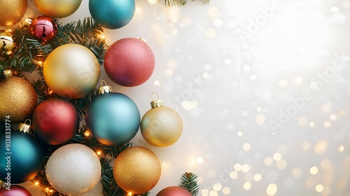 Festive Christmas Ornaments with Pine Branches and Lights on a White Background