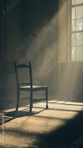 Wallpaper Mural A solitary chair rests in the center of a darkened room, illuminated by gentle rays of sunlight filtering through the window, evoking a sense of emptiness and thoughtfulness Torontodigital.ca
