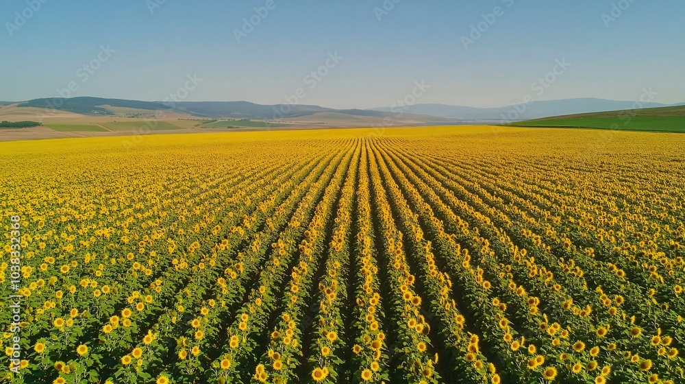 Aerial view of sunflower field with blue sky. Agricultural landscape. Aerial view of sunflower field with blue sky. Agricultural landscape.