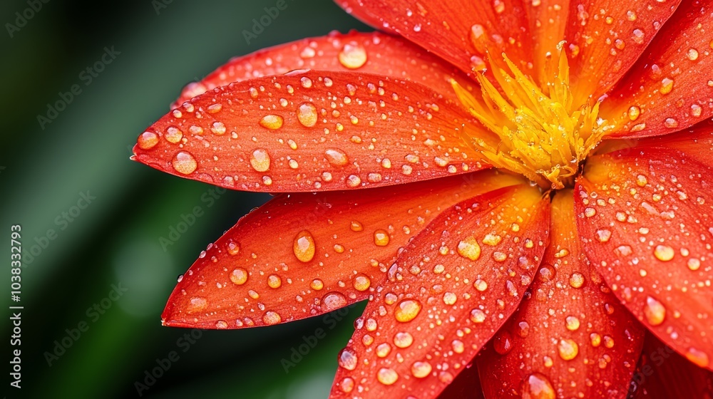 Vibrant red flower with water droplets on petals against a green background. Vibrant red flower with water droplets on petals against a green background.