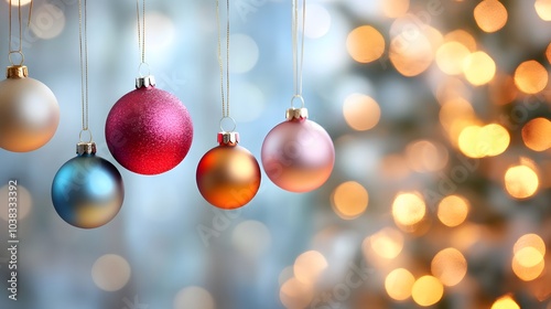 Five Christmas Ornaments Hanging Against a Blurry Background of Golden Lights