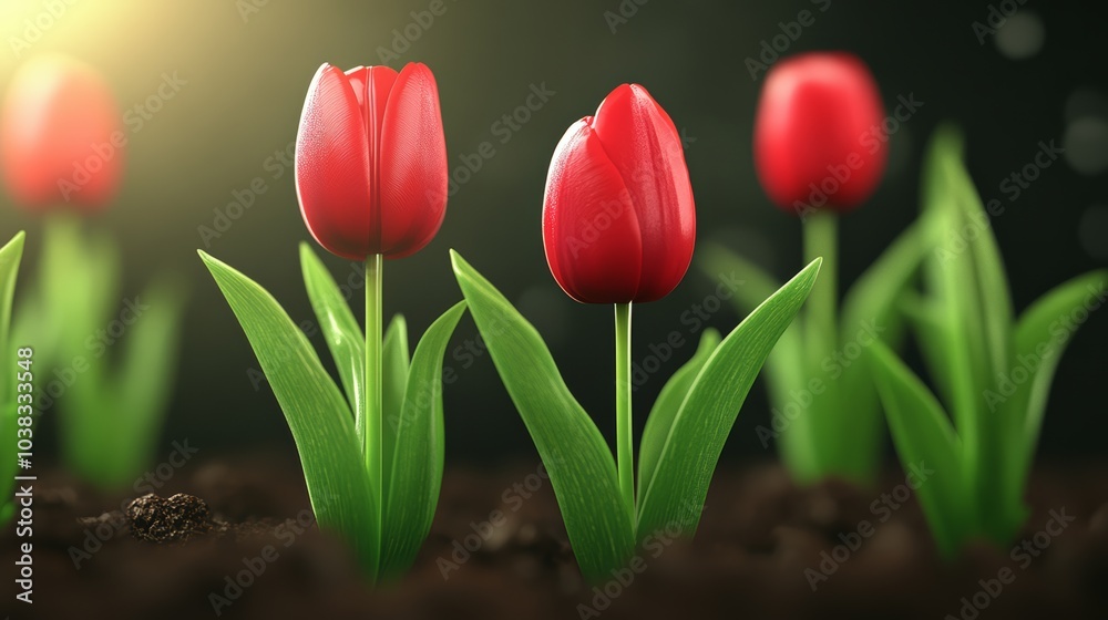 Obraz premium Vibrant red tulips blooming in rich soil with soft sunlight.