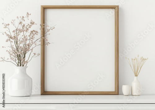 minimalist interior scene featuring wooden frame on white wall, accompanied by vase of dried flowers and decorative objects. This serene setup evokes sense of calm and simplicity