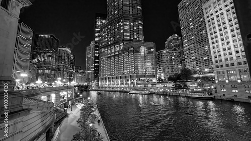 Chicago, IL - July 26, 2024: Streets of Downtown Chicago at night