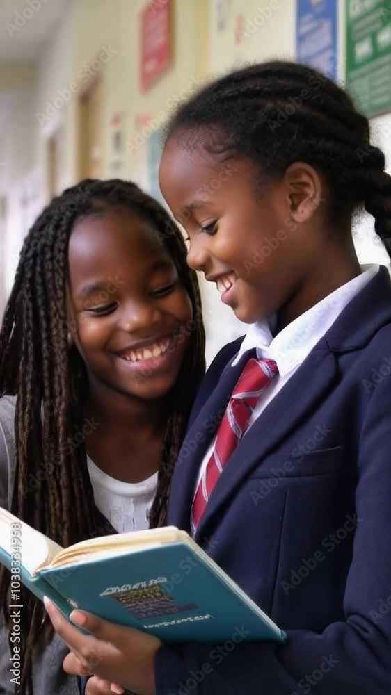 vertical slow motion video of an African American schoolgirls talking and laughing at school hallway. vertical slow motion video of an African American schoolgirls talking and laughing at school hallway.