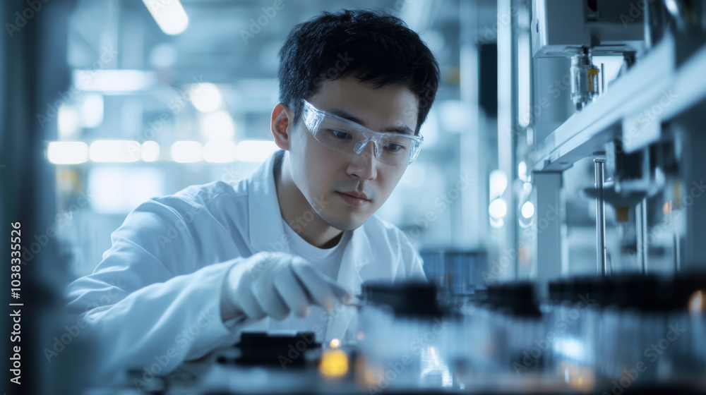 Chinese engineer working on EV battery cells Chinese engineer working on EV battery cells