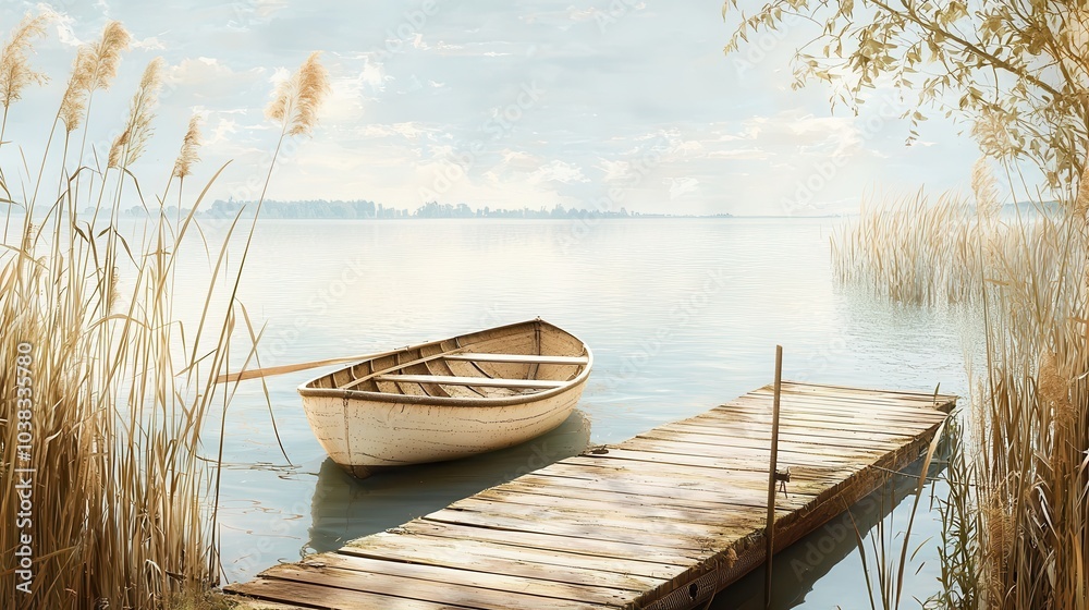 Obraz premium Serene Boat at Tranquil Lake Shoreline