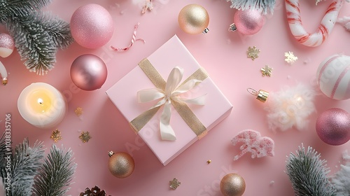 Pink and Gold Christmas Decorations with Gift Box on Pink Background