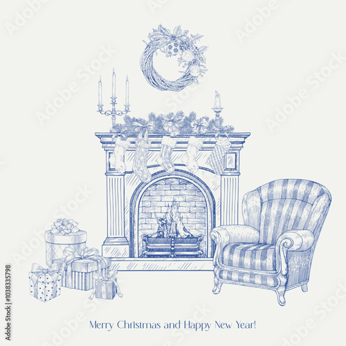 Christmas interior illustration with fireplace and armchair, wreath, socks, candles, gifts boxes bows ball fir branches. Blue beige. Hand drawn engraved Vector background for design greeting card