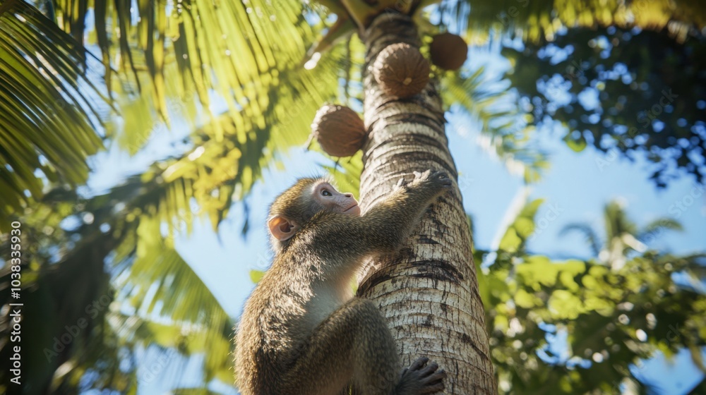 Obraz premium Monkey Climbing Coconut Tree with Agility