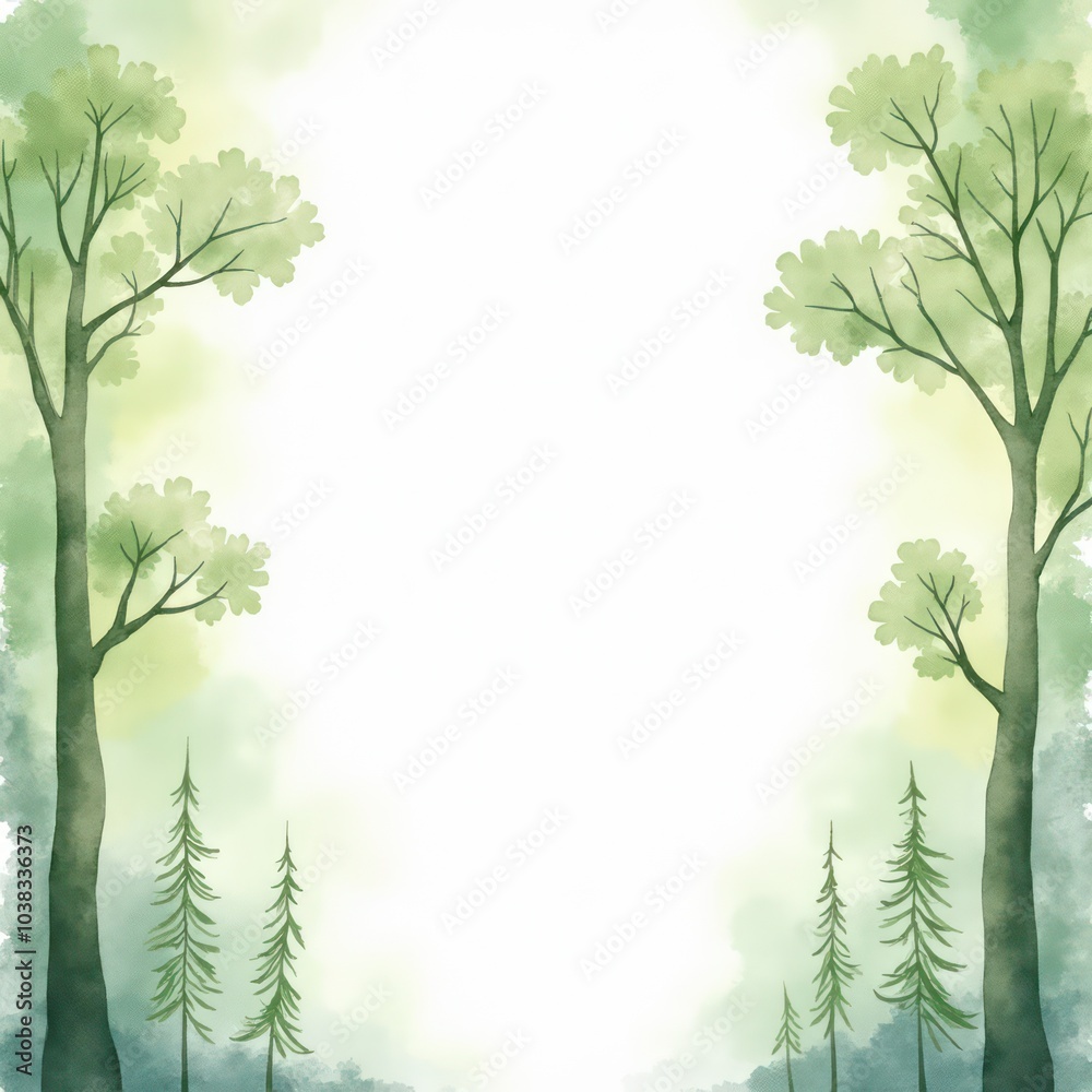 Fototapeta premium Watercolor forest landscape. Trees border background. Outdoor and hiking watercolor tree