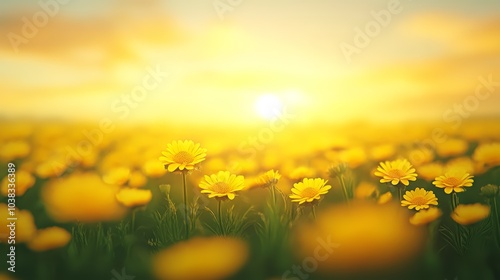 Vibrant yellow flowers blooming under a sunny sky at sunset.