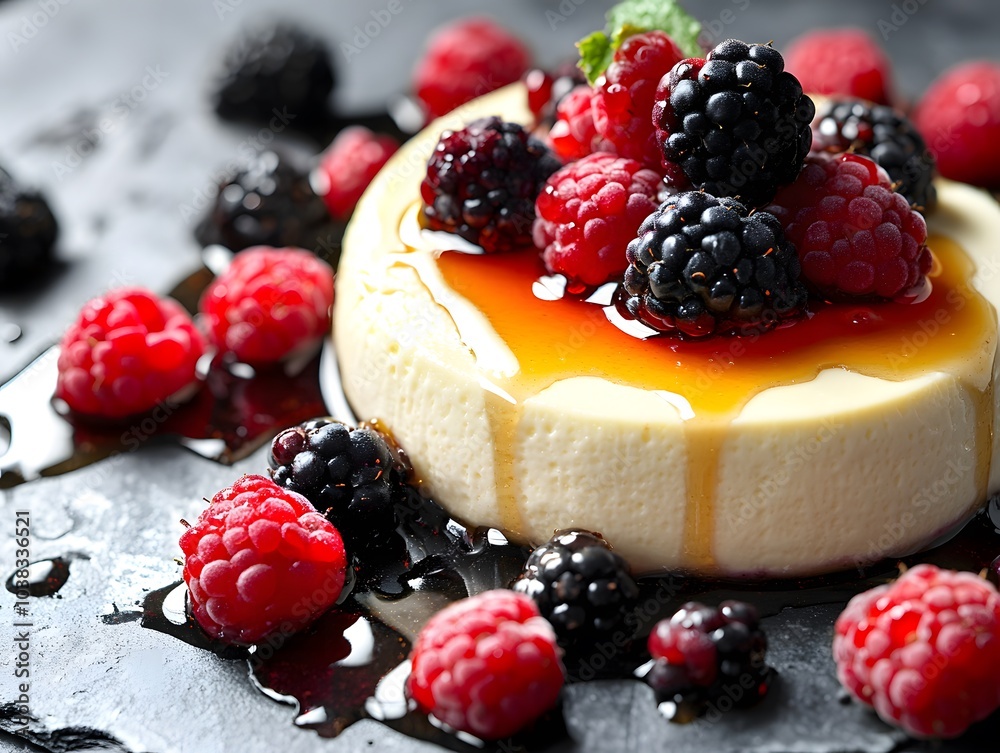 A creamy dessert topped with fresh berries and syrup on a dark surface. A creamy dessert topped with fresh berries and syrup on a dark surface.