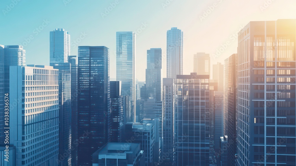 A panoramic view of a modern city skyline with tall buildings and a golden sunrise in the background. A panoramic view of a modern city skyline with tall buildings and a golden sunrise in the background.