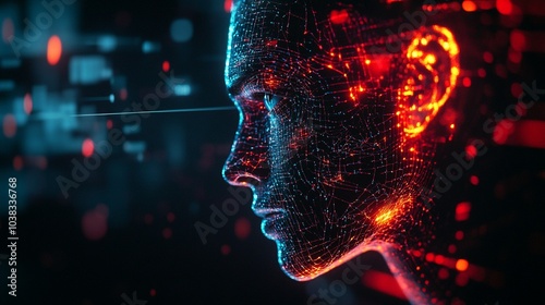 Futuristic digital profile illuminated with neon red and blue lights, showcasing advanced facial recognition technology and AI integration in a cyberpunk-inspired scene.