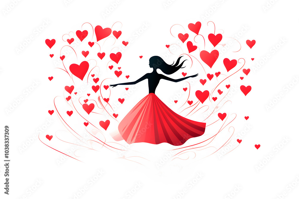 Silhouette of a woman in a flowing red skirt with swirling hearts around her, representing love, joy, and celebration, perfect for Valentine's Day or romantic-themed projects Silhouette of a woman in a flowing red skirt with swirling hearts around her, representing love, joy, and celebration, perfect for Valentine's Day or romantic-themed projects