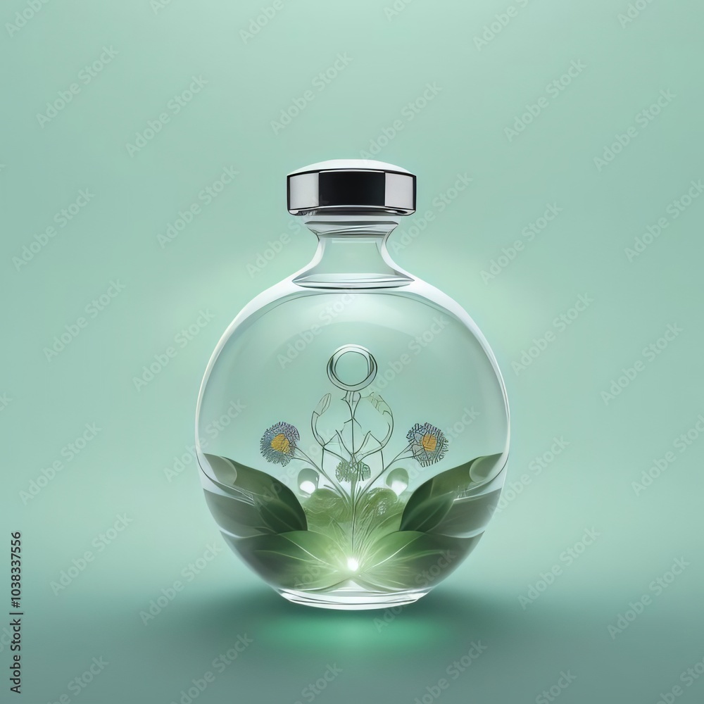 Isolated transparent glass perfume bottle with blue liquid, white flower on a white background Isolated transparent glass perfume bottle with blue liquid, white flower on a white background