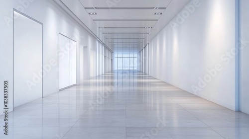 Pristine white corridor stretches towards a bright window, embodying modern minimalism with its clean lines, reflective floors, and seamless walls illuminated by recessed lighting.
