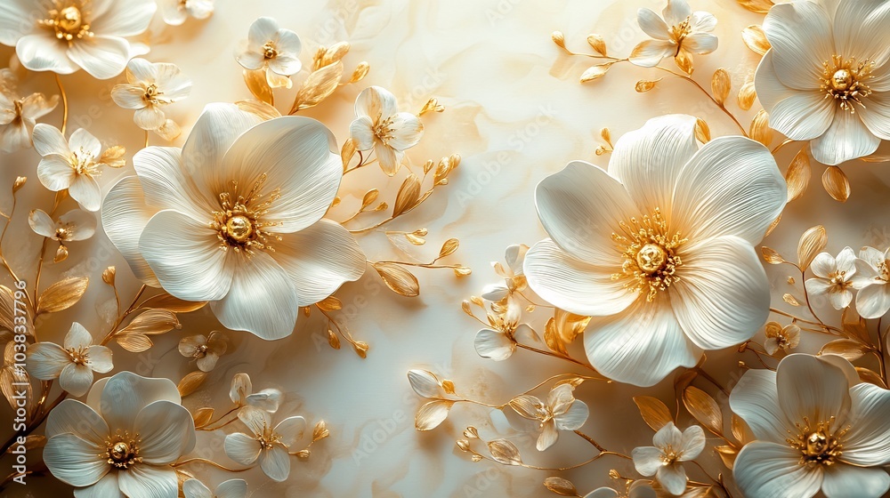 Sophisticated wedding invitation background featuring lush white and shimmering gold flowers scattered artistically across a soft pastel backdrop perfect for capturing the essence of romance
