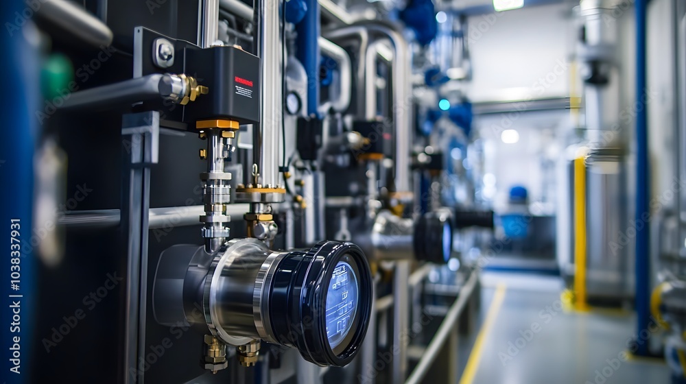 A large industrial building with many pipes and valves. Concept of complexity and organization, as the various pipes and valves are arranged in a precise manner A large industrial building with many pipes and valves. Concept of complexity and organization, as the various pipes and valves are arranged in a precise manner