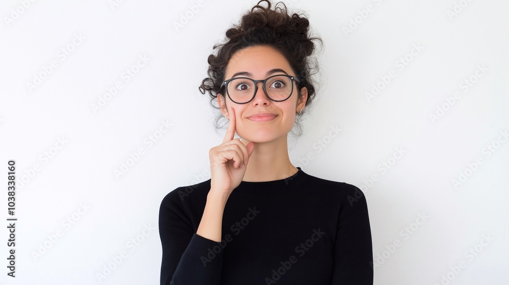 A happy young woman wearing a glasses, with her index finger gently placed against her cheek, appearing to be in a thoughtful or curious pose isolated on white background. A happy young woman wearing a glasses, with her index finger gently placed against her cheek, appearing to be in a thoughtful or curious pose isolated on white background.