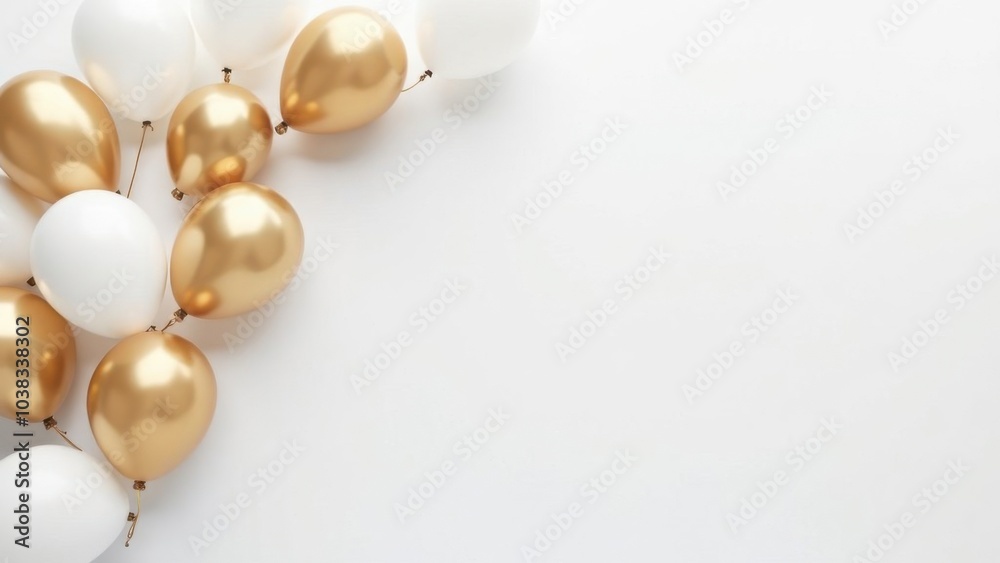 Gold and white balloons on a white background. Minimalistic composition with copy space. Design for poster, banner, greeting card, invitation Gold and white balloons on a white background. Minimalistic composition with copy space. Design for poster, banner, greeting card, invitation