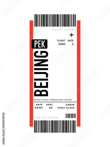 An original, custom-made red first-class Beijing boarding ticket | High-resolution PNG minimalist design | Perfect for travel-themed scrapbooks, planners, or personalizing accessories.