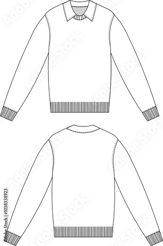 long sleeve ribbed round neck polo collar ribbed cuff hem fit sweater knitweater template technical drawing flat sketch cad mockup fashion man mens unisex design style model 

