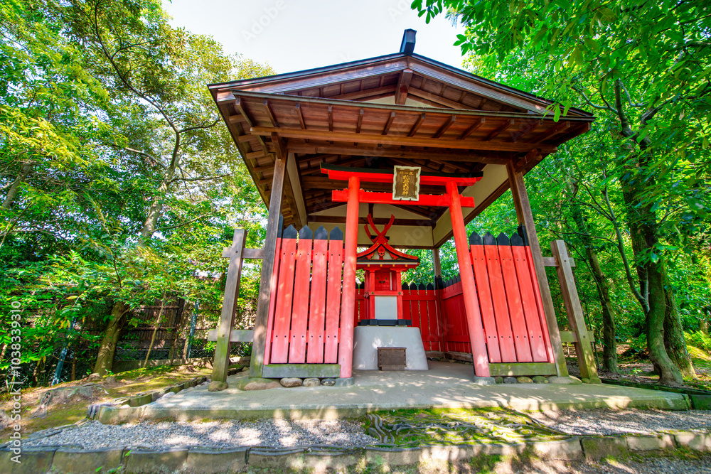 Naklejka premium Nara, Japan. Isuien Garden and temple on a sunny spring day