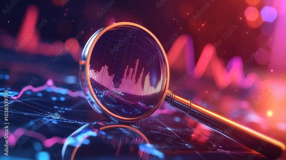 Magnifying glass over a graph, idea and business growth, 3D illustration Magnifying glass over a graph, idea and business growth, 3D illustration