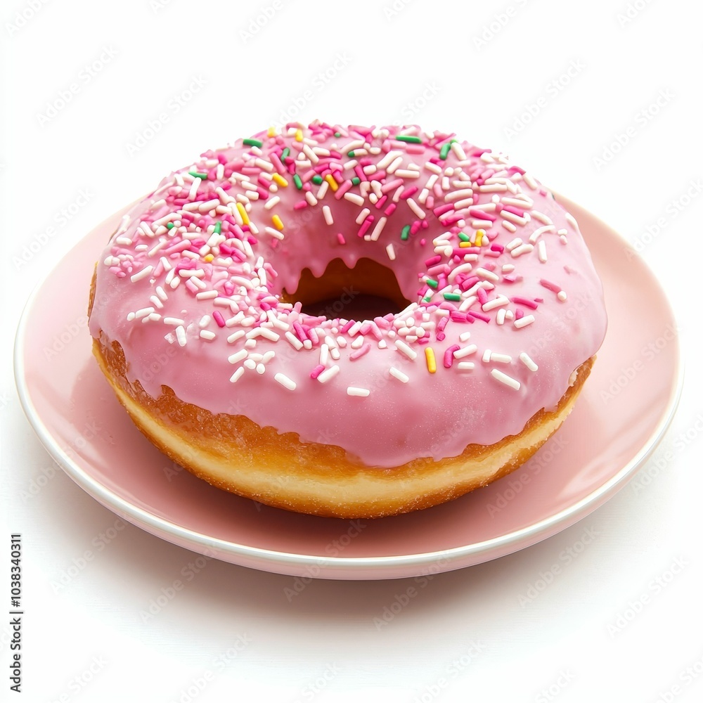 A pink frosted donut with colorful sprinkles, sitting on a pale pink plate. A pink frosted donut with colorful sprinkles, sitting on a pale pink plate.
