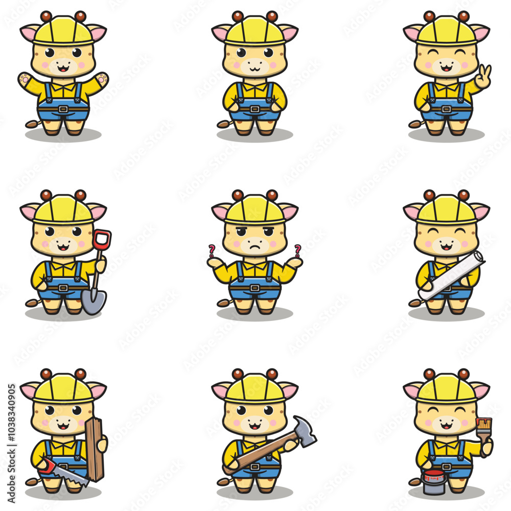 Obraz premium Cute Giraffe mascot works in construction. Cute Giraffe builder cartoon. Animal builders.