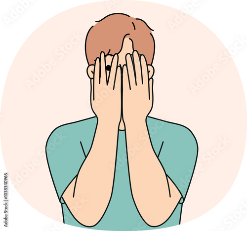 Man closes eyes with hands and peeps, feeling excited in anticipation of surprise or panic after receiving threats. Guy feels insecure and panic, trying to hide from problems that have arisen.