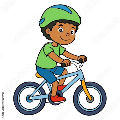 Child riding a bicycle cheerfully on a white background with copy space