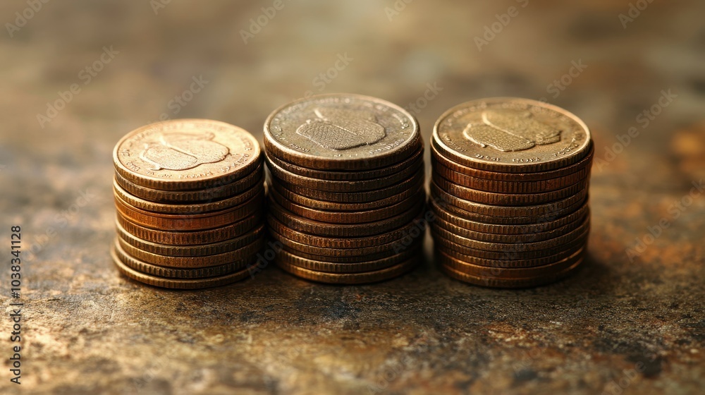 Stacks of coins arranged on a textured surface, symbolizing savings and financial growth over time Stacks of coins arranged on a textured surface, symbolizing savings and financial growth over time