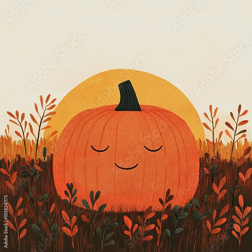 A cheerful pumpkin with a smiling face sits in a field of autumn foliage, bathed in warm sunset hues. photo