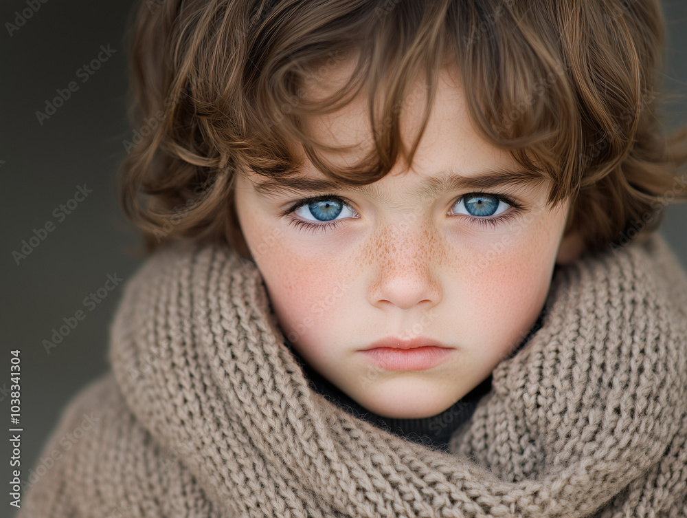 portrait of child wearing knit sweater in natural lighting against neutral background portrait of child wearing knit sweater in natural lighting against neutral background