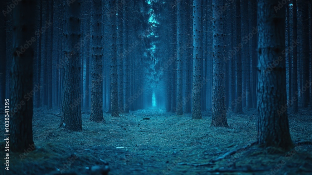 Fototapeta premium The interior of the pine forest is dark and eerie