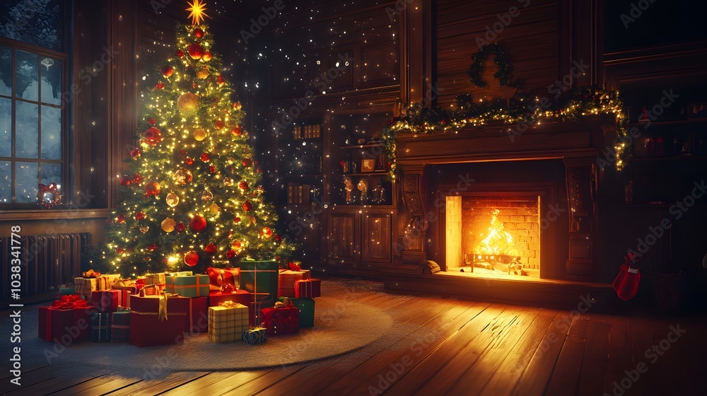 Christmas Decorated Room with a Fireplace, Christmas Tree, and Gifts