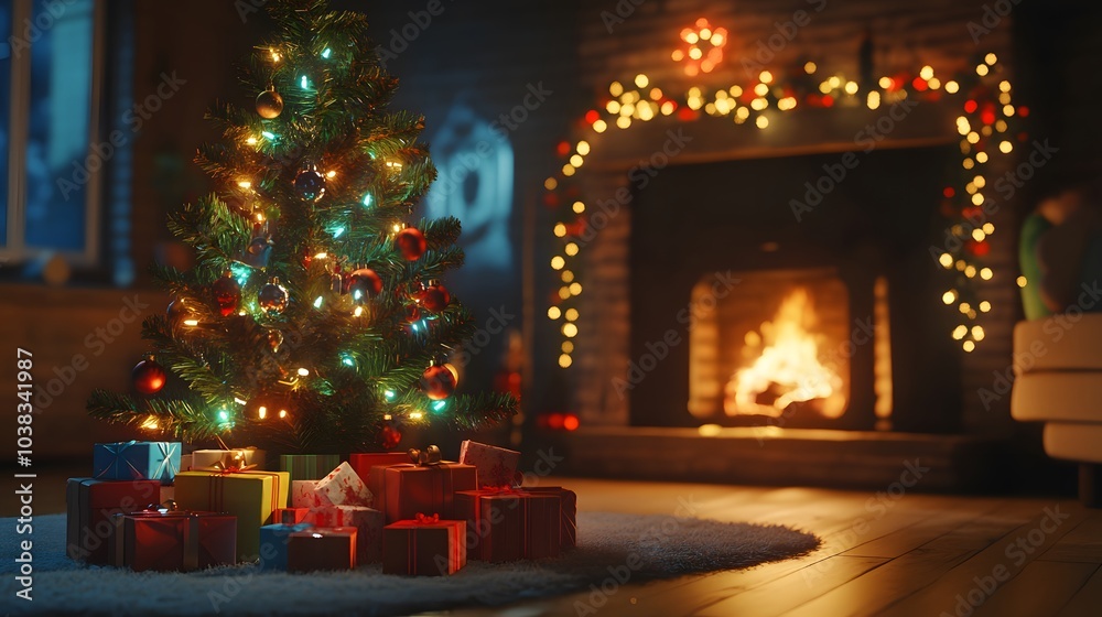 Christmas Tree with Presents and a Fireplace Christmas Tree with Presents and a Fireplace
