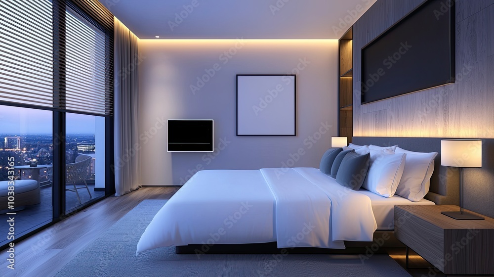 A modern bedroom featuring a large bed, ambient lighting, sleek furniture, and expansive windows showcasing a city view.