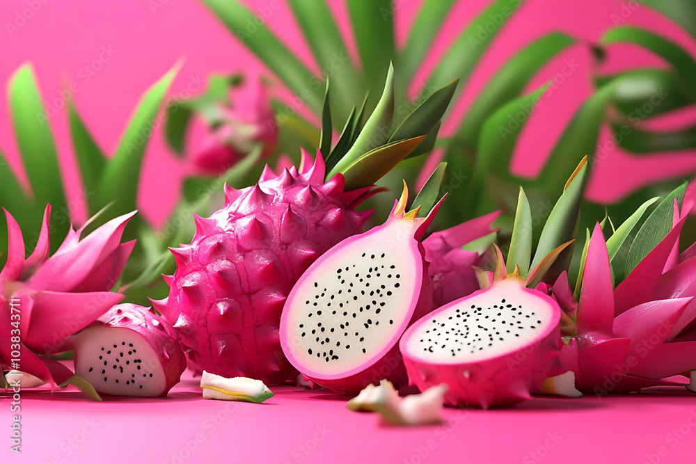 A vibrant arrangement of pink dragon fruits on a bright background. A vibrant arrangement of pink dragon fruits on a bright background.
