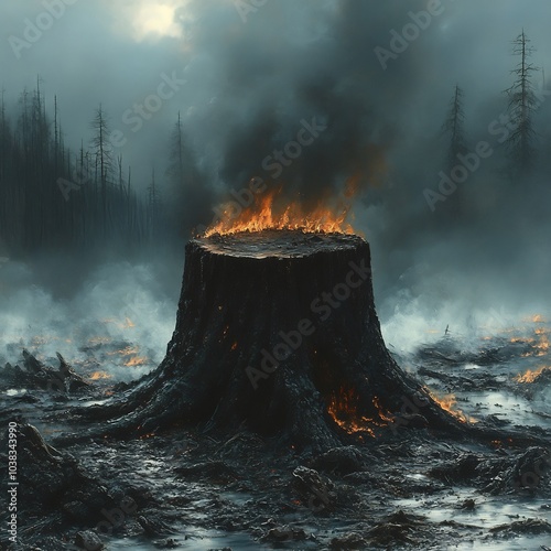 Striking landscape featuring a burnt tree stump amidst a barren blackened forest representing the grim reality of deforestation and the destructive consequences of raging forest fires photo