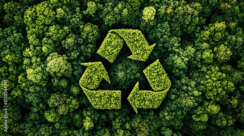 A dense, vibrant green forest with a large recycle symbol